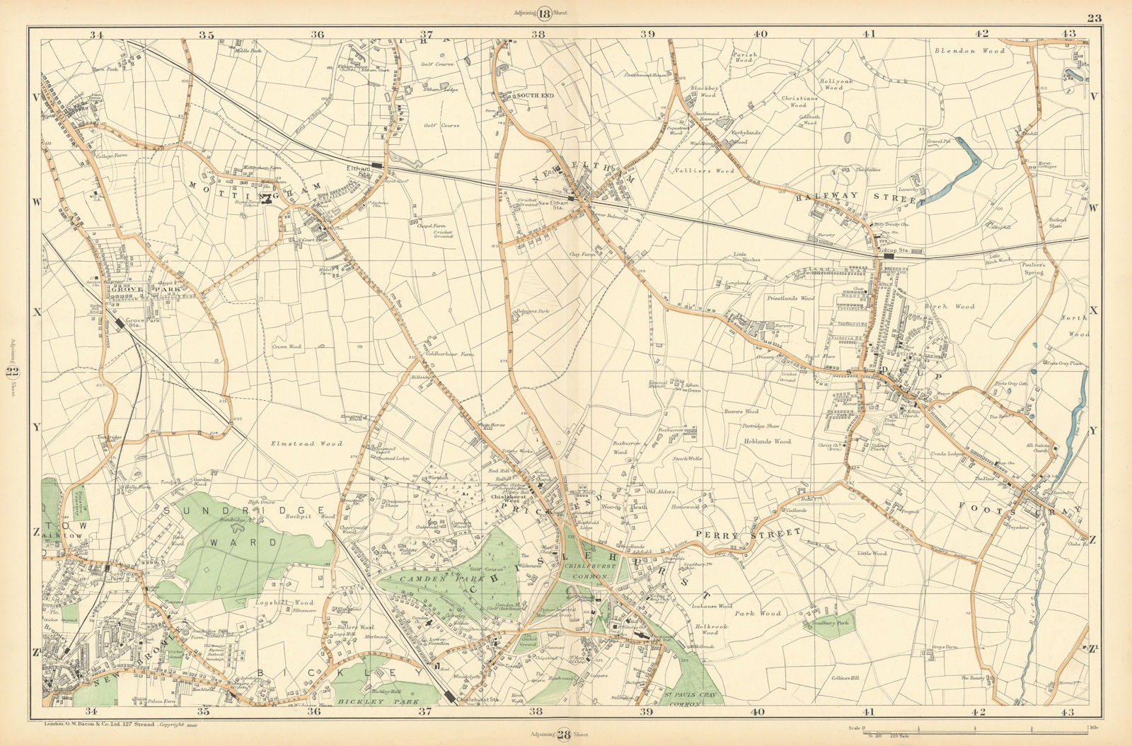 CHISLEHURST Eltham Mottingham Bromley Sidcup Foots Cray Catford. BACON  1900 map