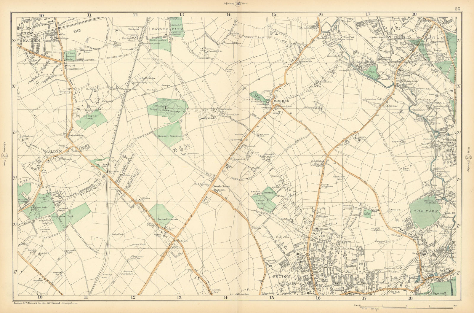 SUTTON Carshalton Morden New Malden Worcester Pk Mitcham Cheam. BACON  1900 map