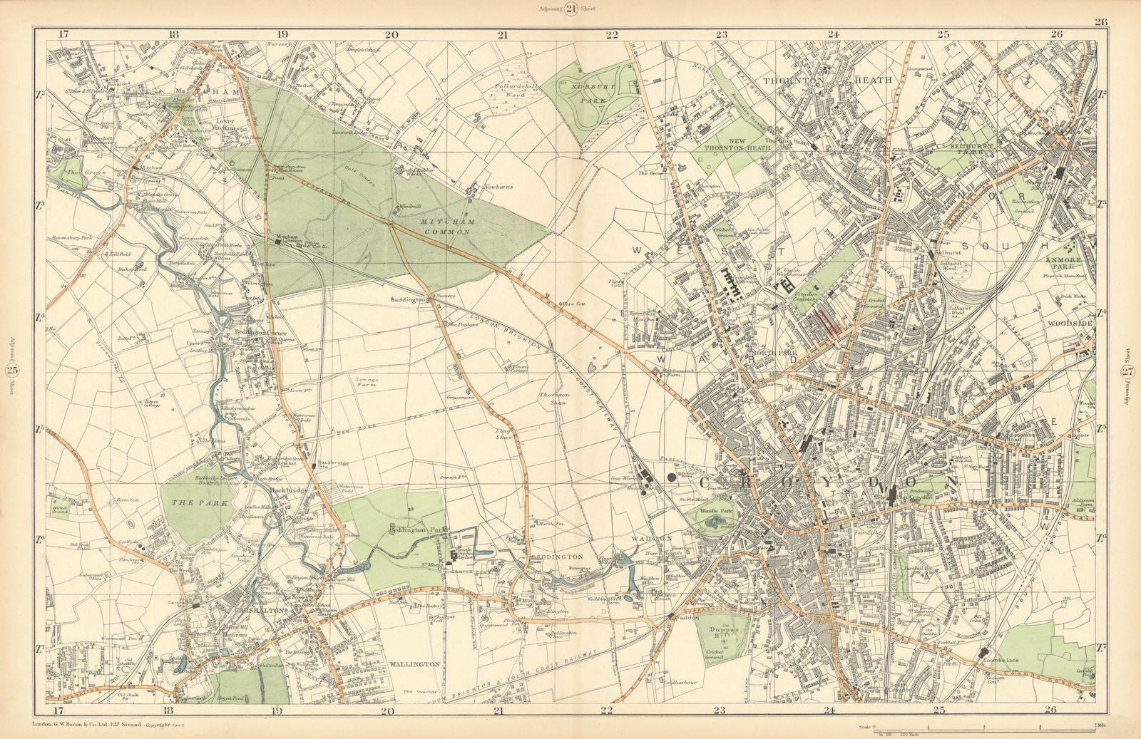 CROYDON Mitcham Carshalton Wallington Thornton Heath Beddington. BACON  1900 map