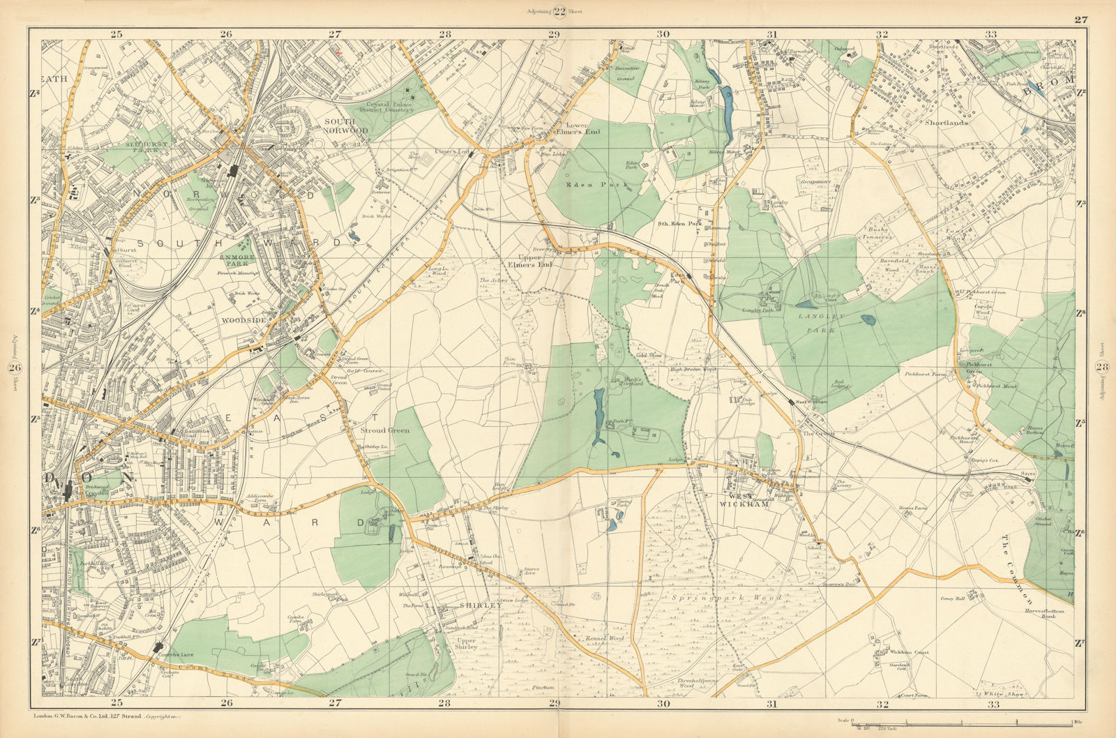 CROYDON Beckenham Woodside W Wickham Elmers End Norwood Hayes. BACON  1900 map