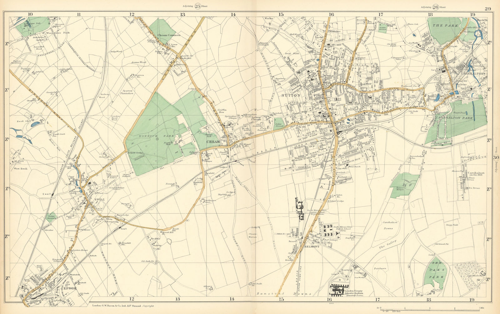 SUTTON Cheam Epsom Belmont Carshalton Ewell Banstead Downs. BACON  1900 map