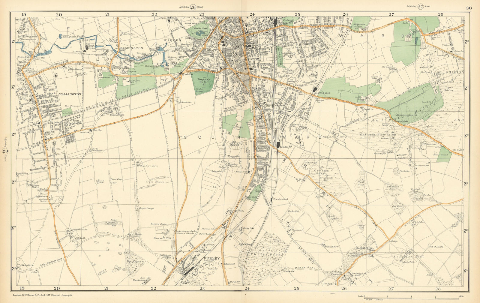 SOUTH CROYDON Carshalton Wallington Waddon Beddington Purley. BACON  1900 map