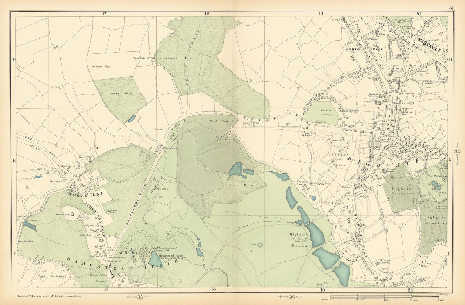 HAMPSTEAD HEATH Highgate Golders Green Hampstead Garden Suburb 1900 map