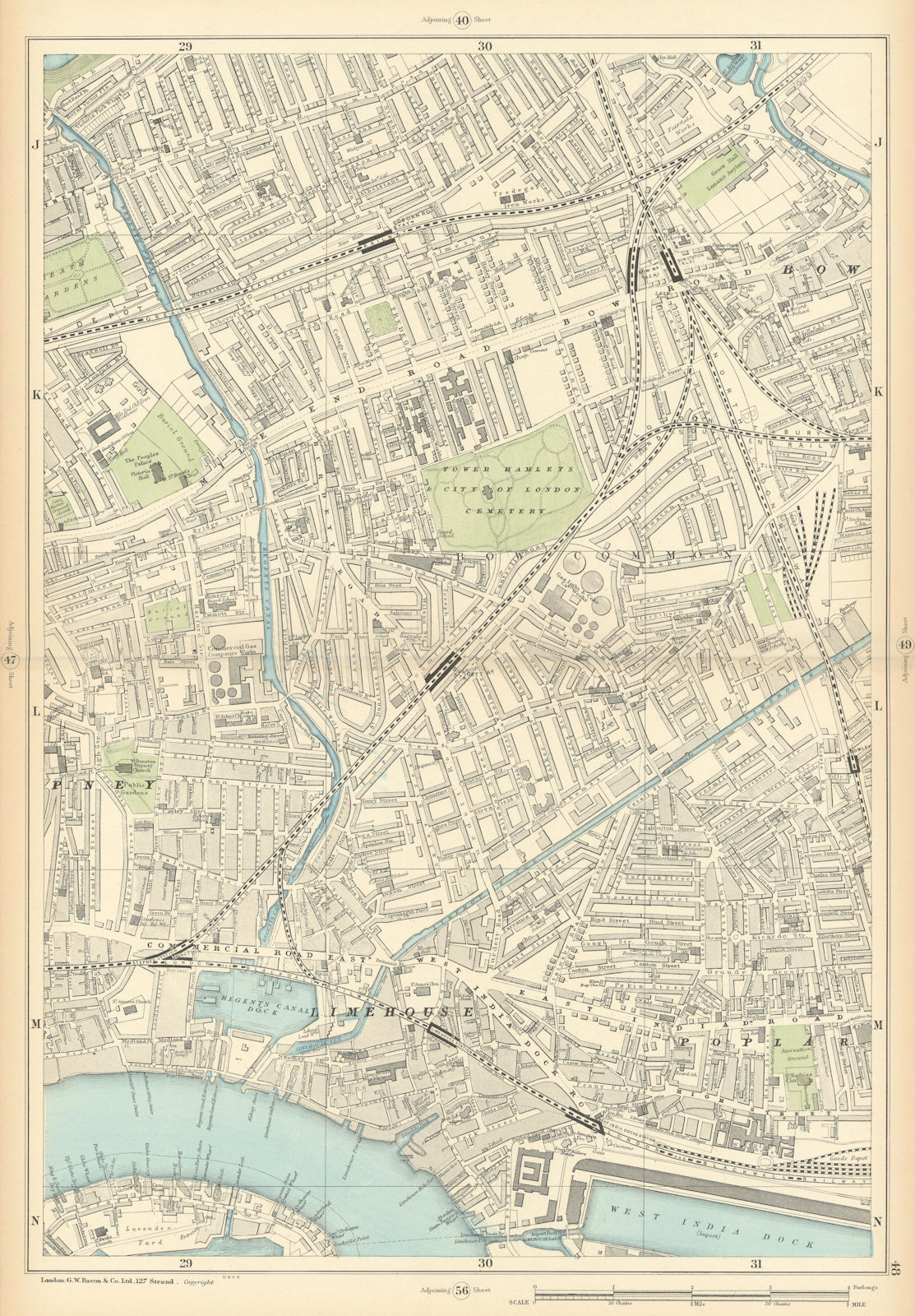 TOWER HAMLETS Bow Poplar Stepney Limehouse Mile End Bromley 1900 old map