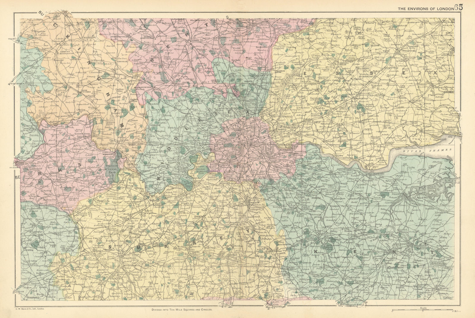 Associate Product LONDON & HOME COUNTIES.Middx Essex Kent Surrey Berks Bucks Herts.BACON 1900 map