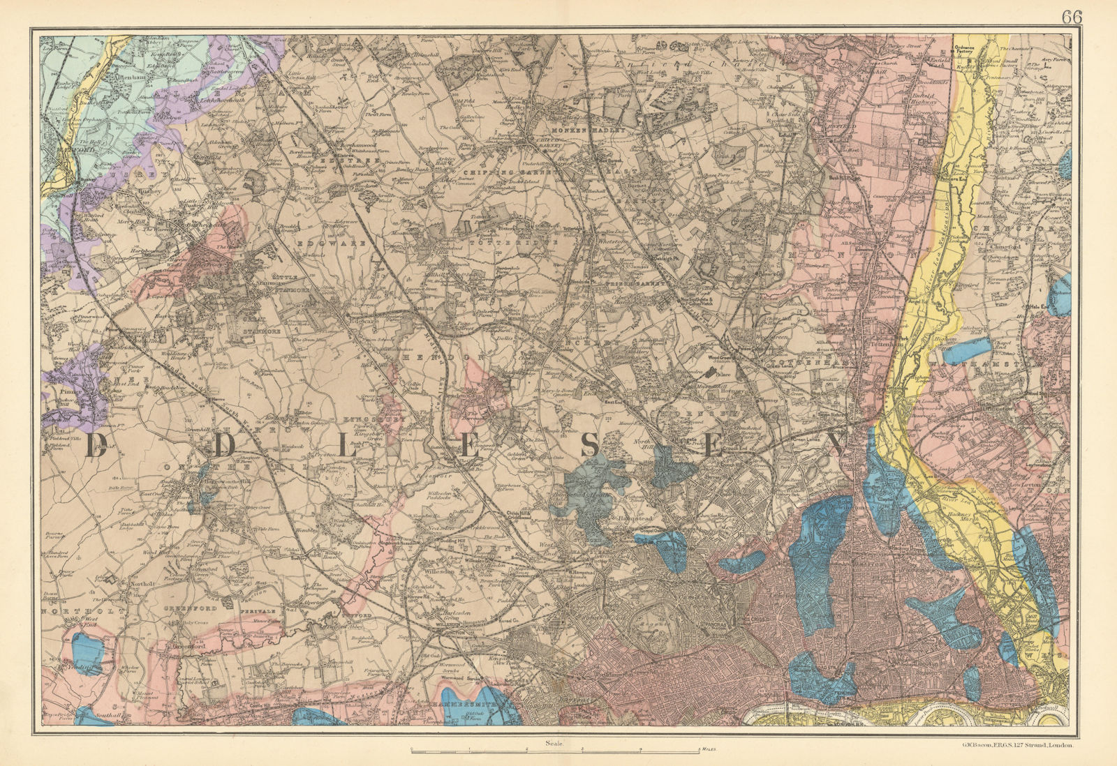 Associate Product NW LONDON GEOLOGICAL Westminster Islington Brent Ealing Camden.BACON 1900 map