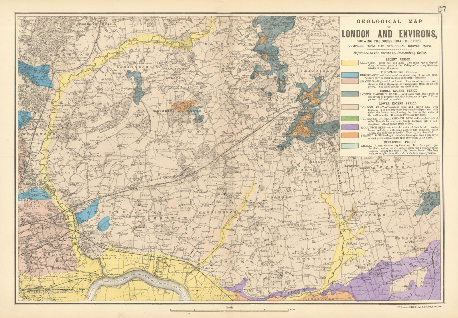 NE LONDON GEOLOGICAL Essex Redbridge Newham Barking Dagenham &c.BACON 1900 map