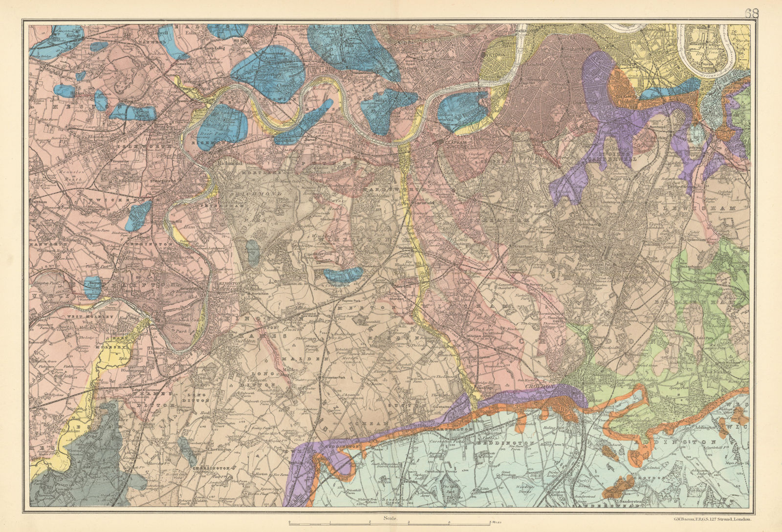 SW LONDON GEOLOGICAL K&C Fulham Surrey Richmond Wandsworth &c. BACON 1900 map