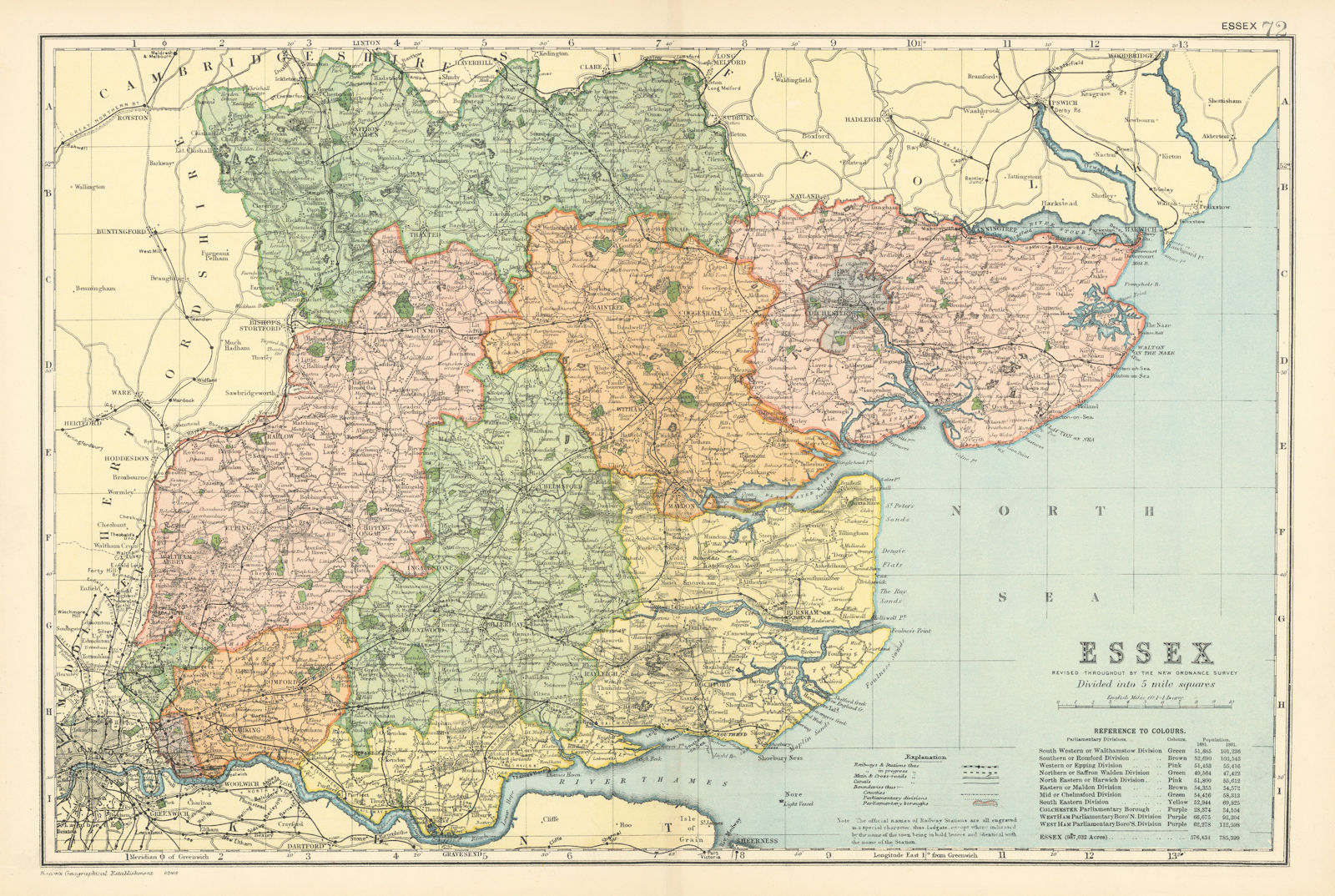 ESSEX county map. Parliamentary constituencies divisions. Railways. BACON 1900