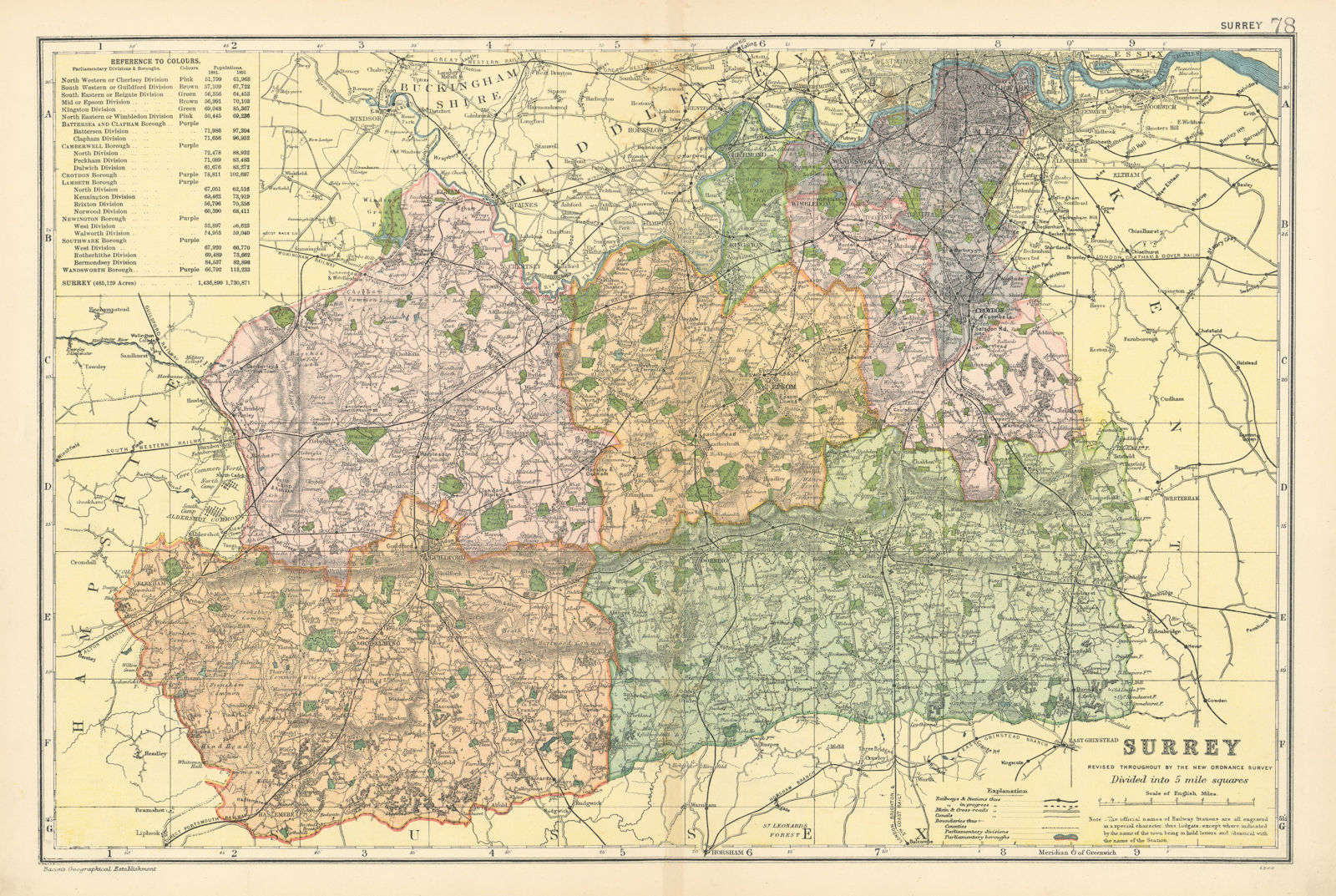 Associate Product SURREY county map. Parliamentary constituencies divisions. Railways. BACON 1900