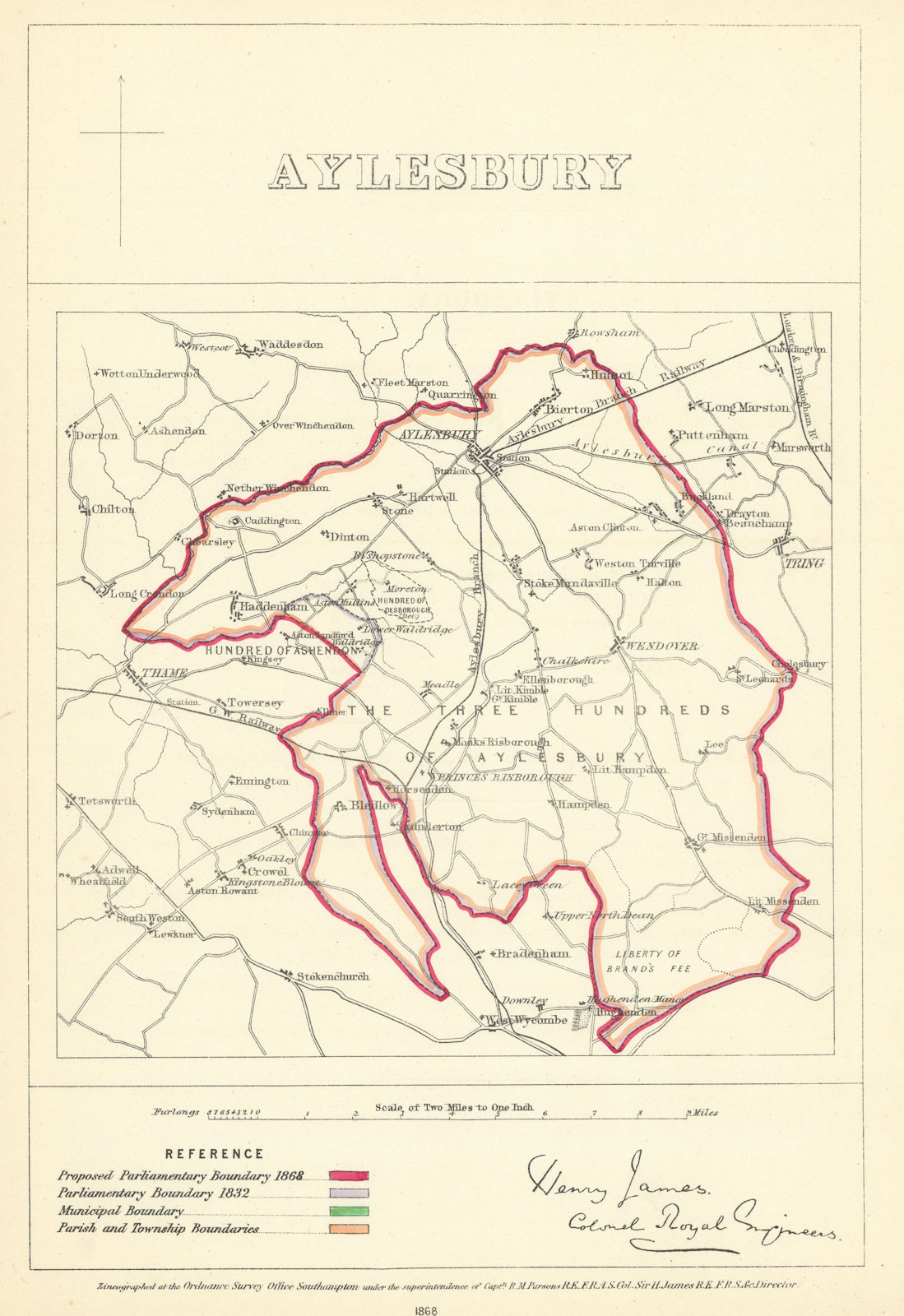 Aylesbury, Buckinghamshire. JAMES. Parliamentary Boundary Commission 1868 map