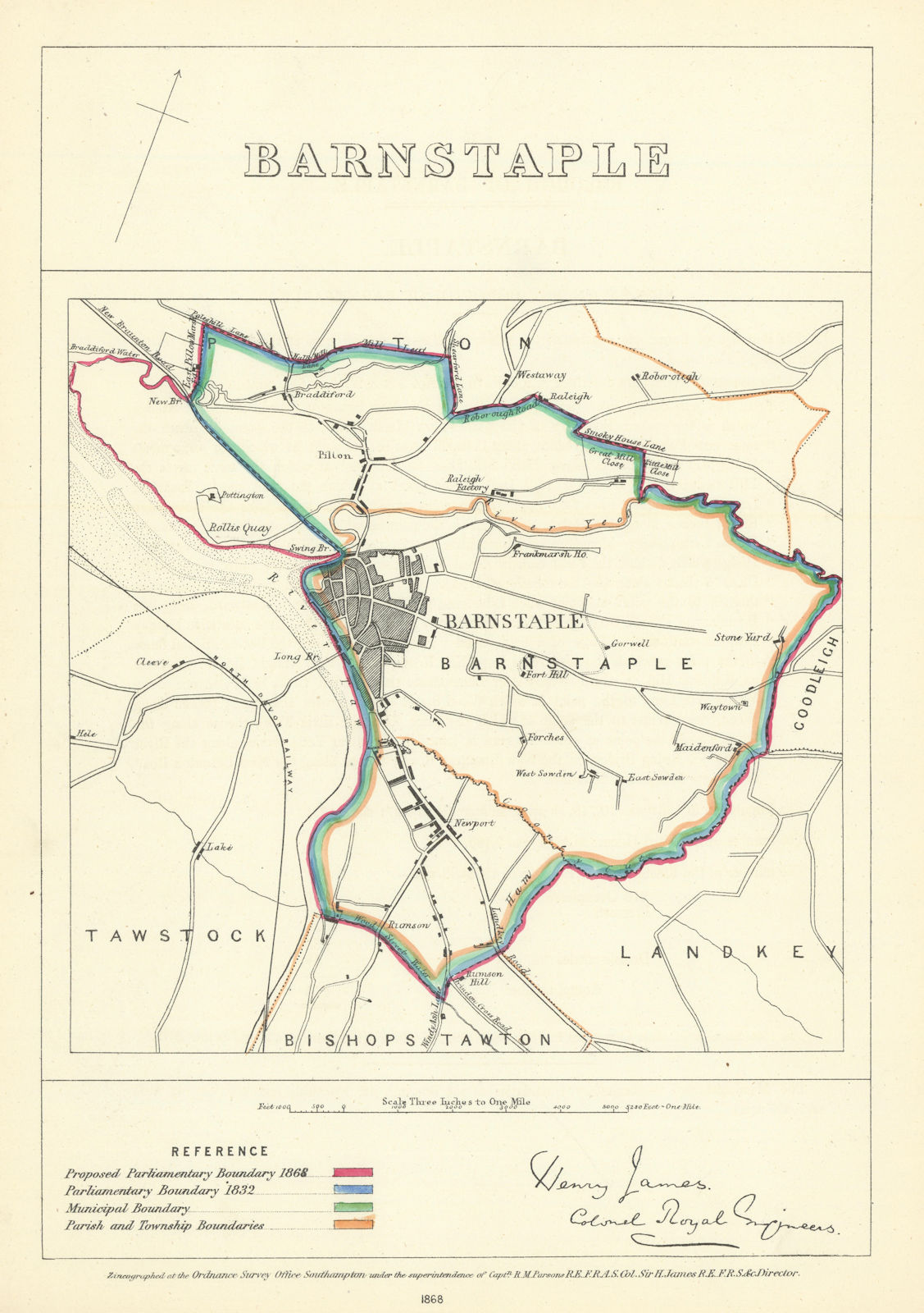 Barnstaple, Devon. JAMES. Parliamentary Boundary Commission 1868 old map
