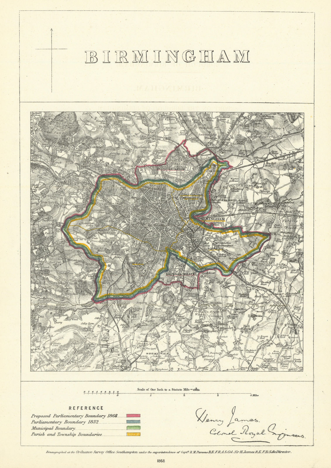 Birmingham, Warwickshire. JAMES. Parliamentary Boundary Commission 1868 map