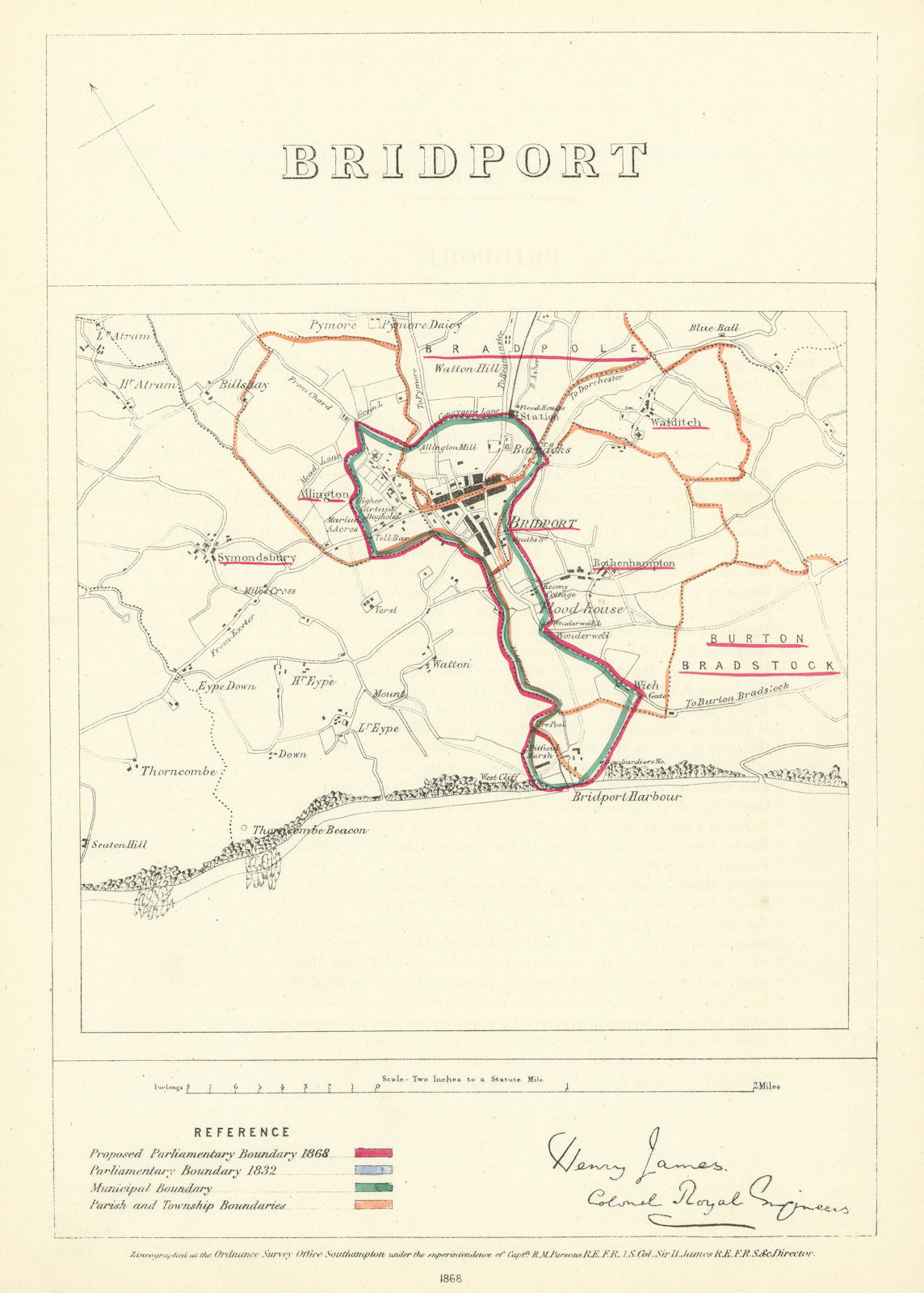 Associate Product Bridport, Dorset. JAMES. Parliamentary Boundary Commission 1868 old map