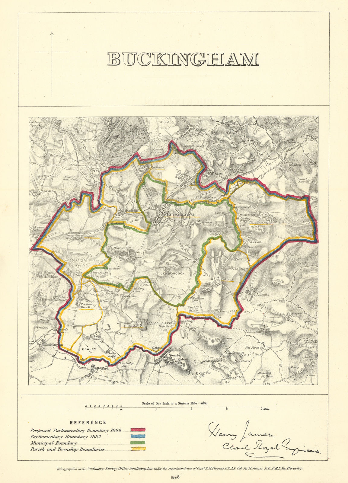 Buckingham, Buckinghamshire. JAMES. Parliamentary Boundary Commission 1868 map