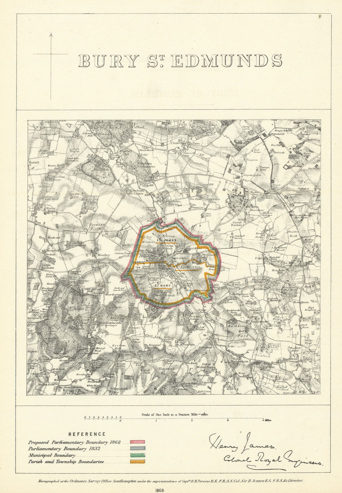 Bury St Edmunds, Suffolk. JAMES. Parliamentary Boundary Commission 1868 map