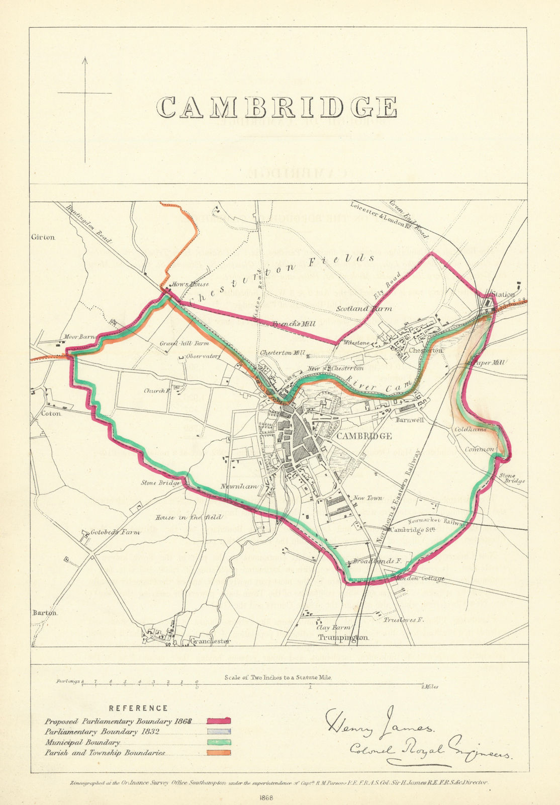 Cambridge, Cambridgeshire. JAMES. Parliamentary Boundary Commission 1868 map