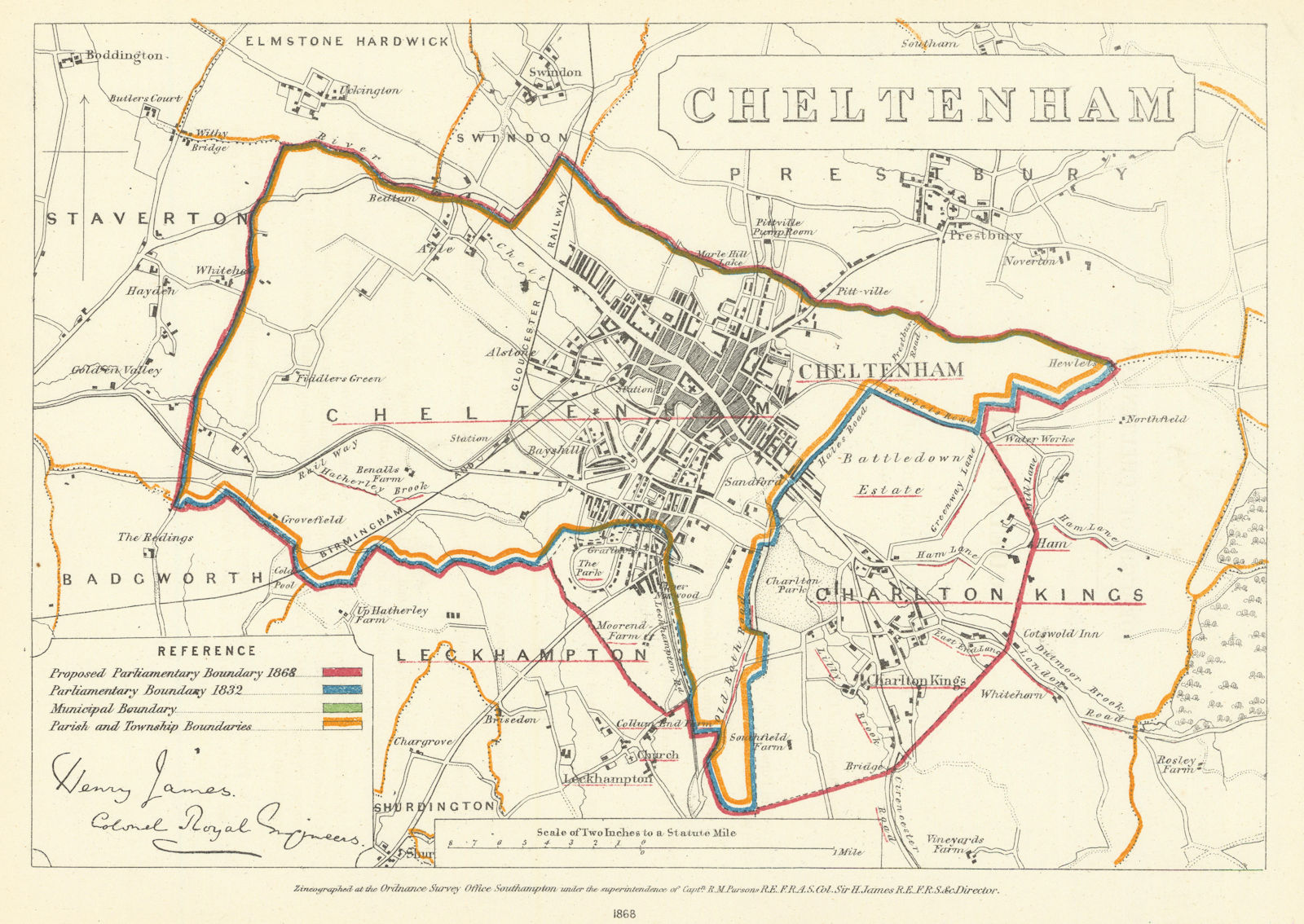 Cheltenham, Gloucestershire. JAMES. Parliamentary Boundary Commission 1868 map