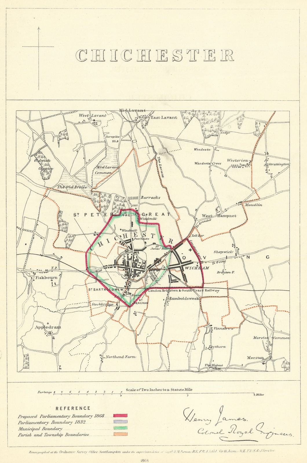 Chichester, Sussex. JAMES. Parliamentary Boundary Commission 1868 old map