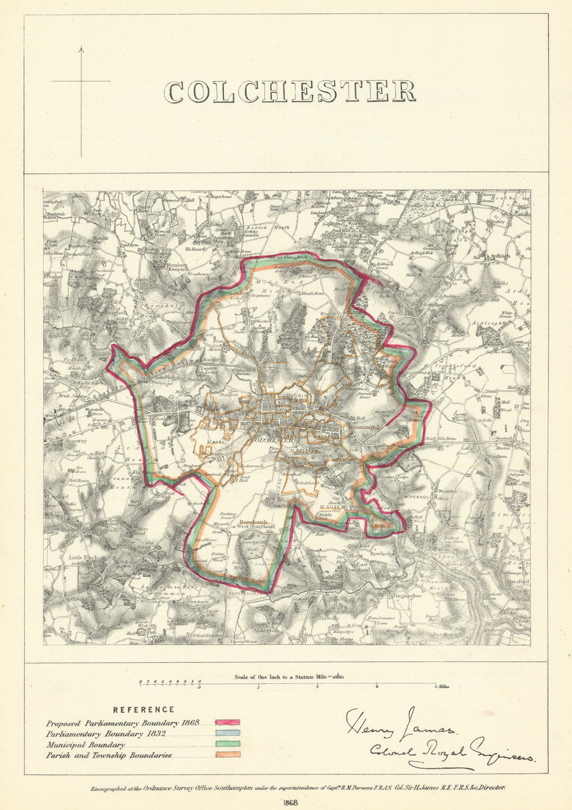 Colchester, Essex. JAMES. Parliamentary Boundary Commission 1868 old map