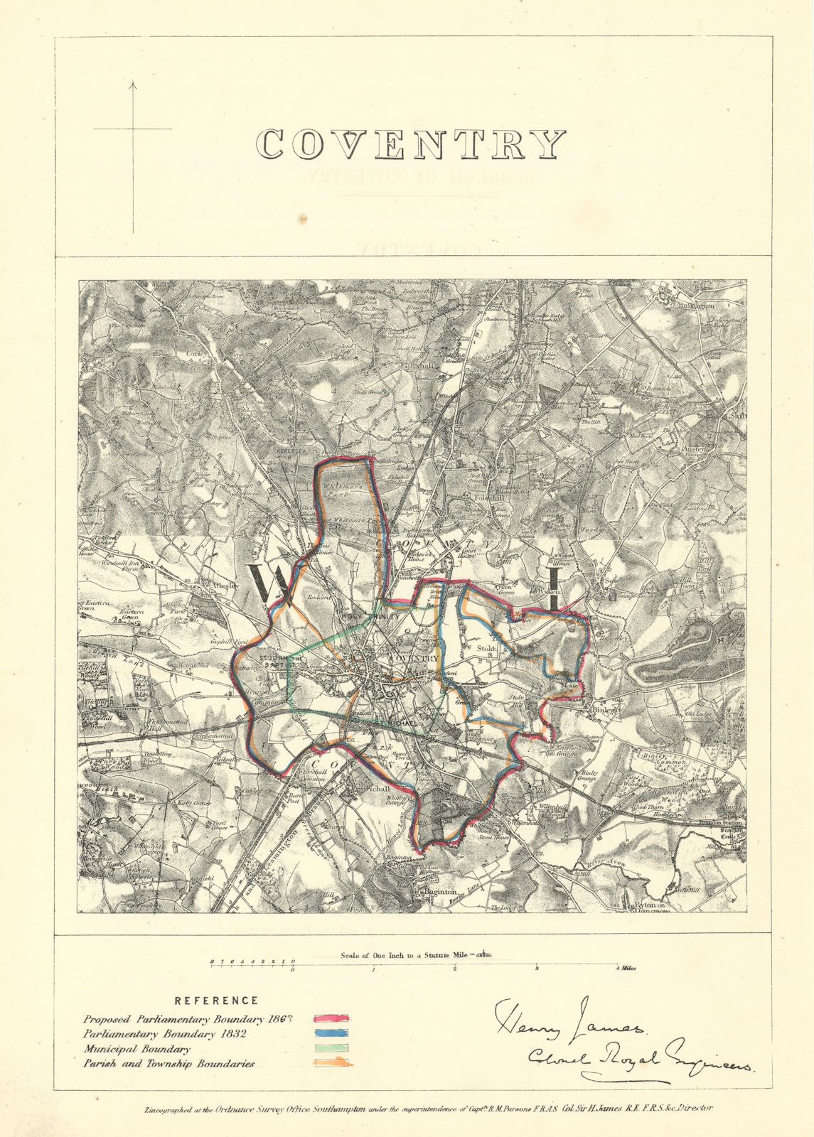 Coventry, Warwickshire. JAMES. Parliamentary Boundary Commission 1868 old map