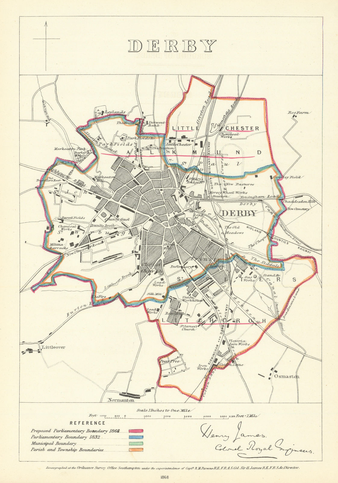 Derby, Derbyshire. JAMES. Parliamentary Boundary Commission 1868 old map