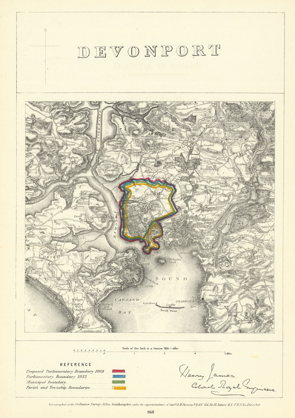Devonport, Devon. JAMES. Parliamentary Boundary Commission 1868 old map