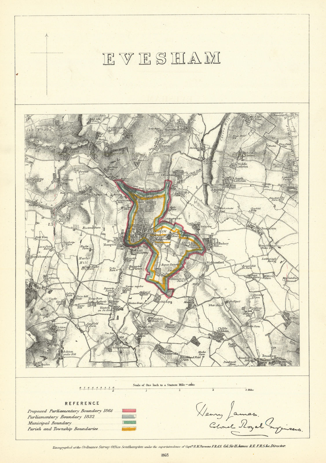 Evesham, Worcestershire. JAMES. Parliamentary Boundary Commission 1868 old map