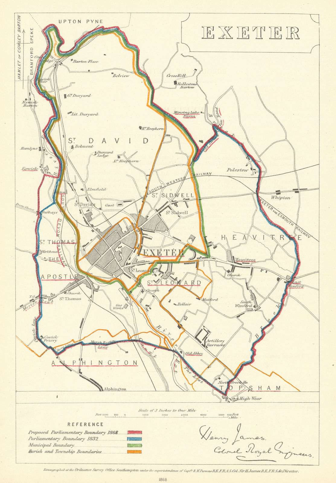 Associate Product Exeter, Devon. JAMES. Parliamentary Boundary Commission 1868 old antique map
