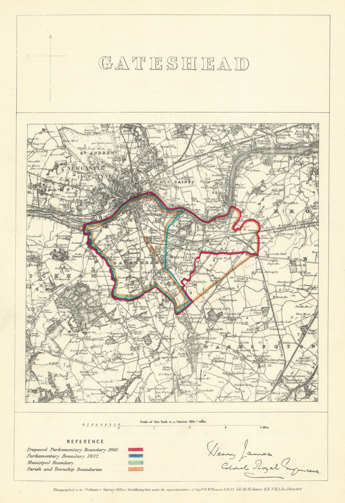 Gateshead, Durham. JAMES. Parliamentary Boundary Commission 1868 old map