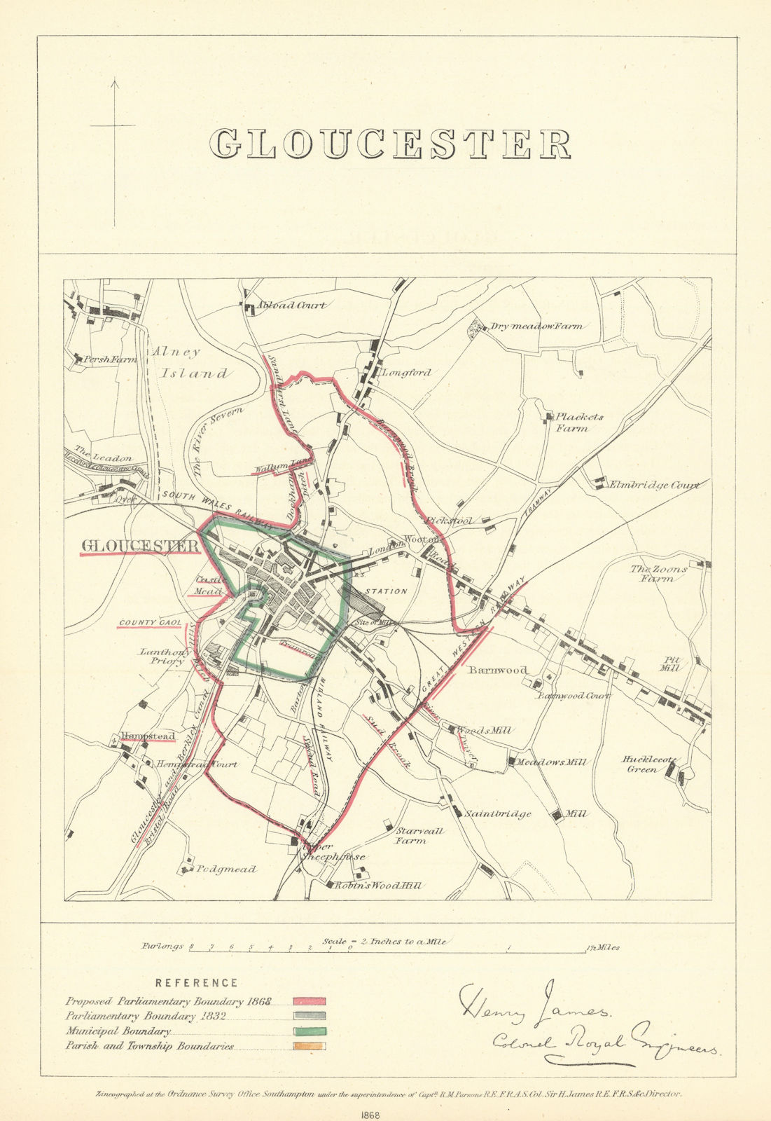 Gloucester, Gloucestershire. JAMES. Parliamentary Boundary Commission 1868 map
