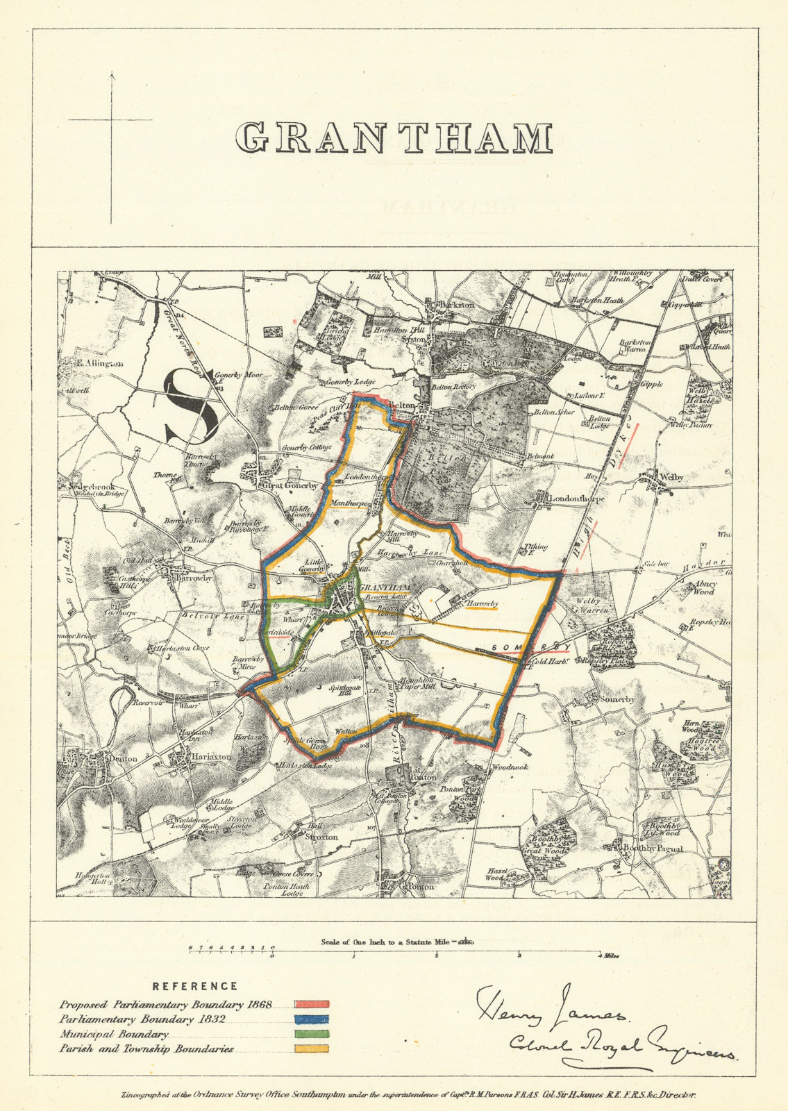 Grantham, Lincolnshire. JAMES. Parliamentary Boundary Commission 1868 old map