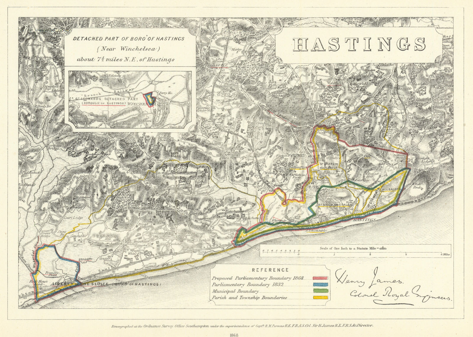 Hastings, Sussex. JAMES. Parliamentary Boundary Commission 1868 old map