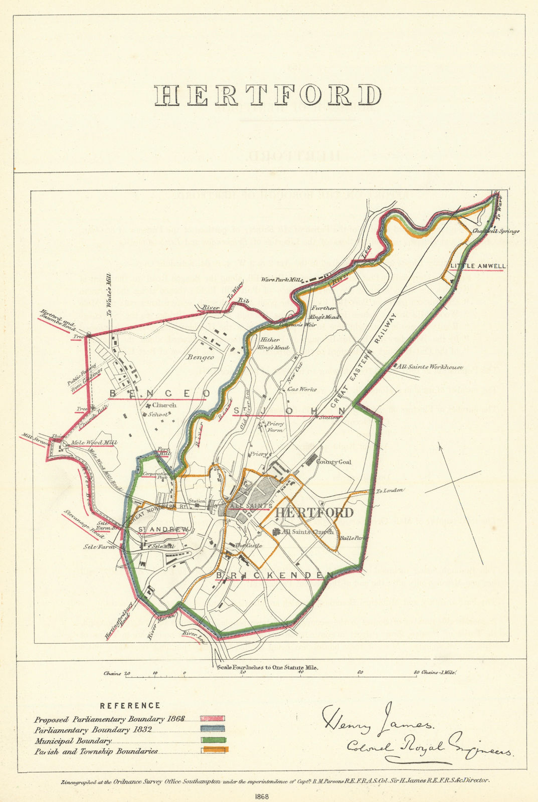 Hertford, Hertfordshire. JAMES. Parliamentary Boundary Commission 1868 old map