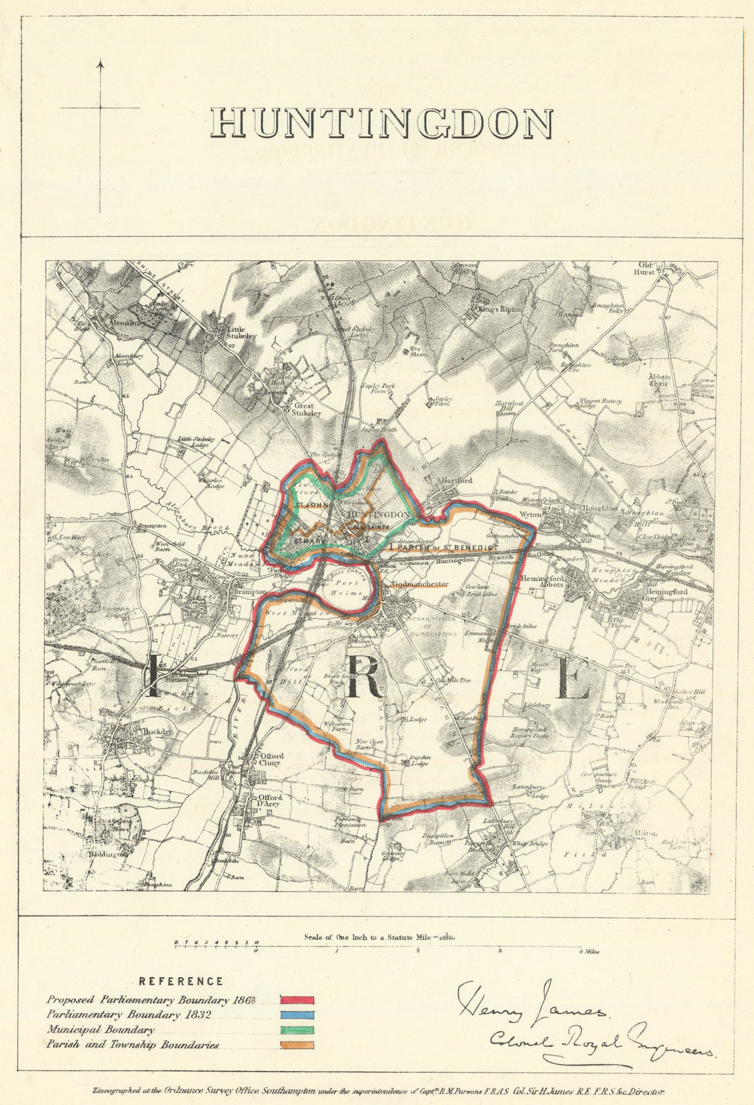 Huntingdon, Huntingdonshire. JAMES. Parliamentary Boundary Commission 1868 map