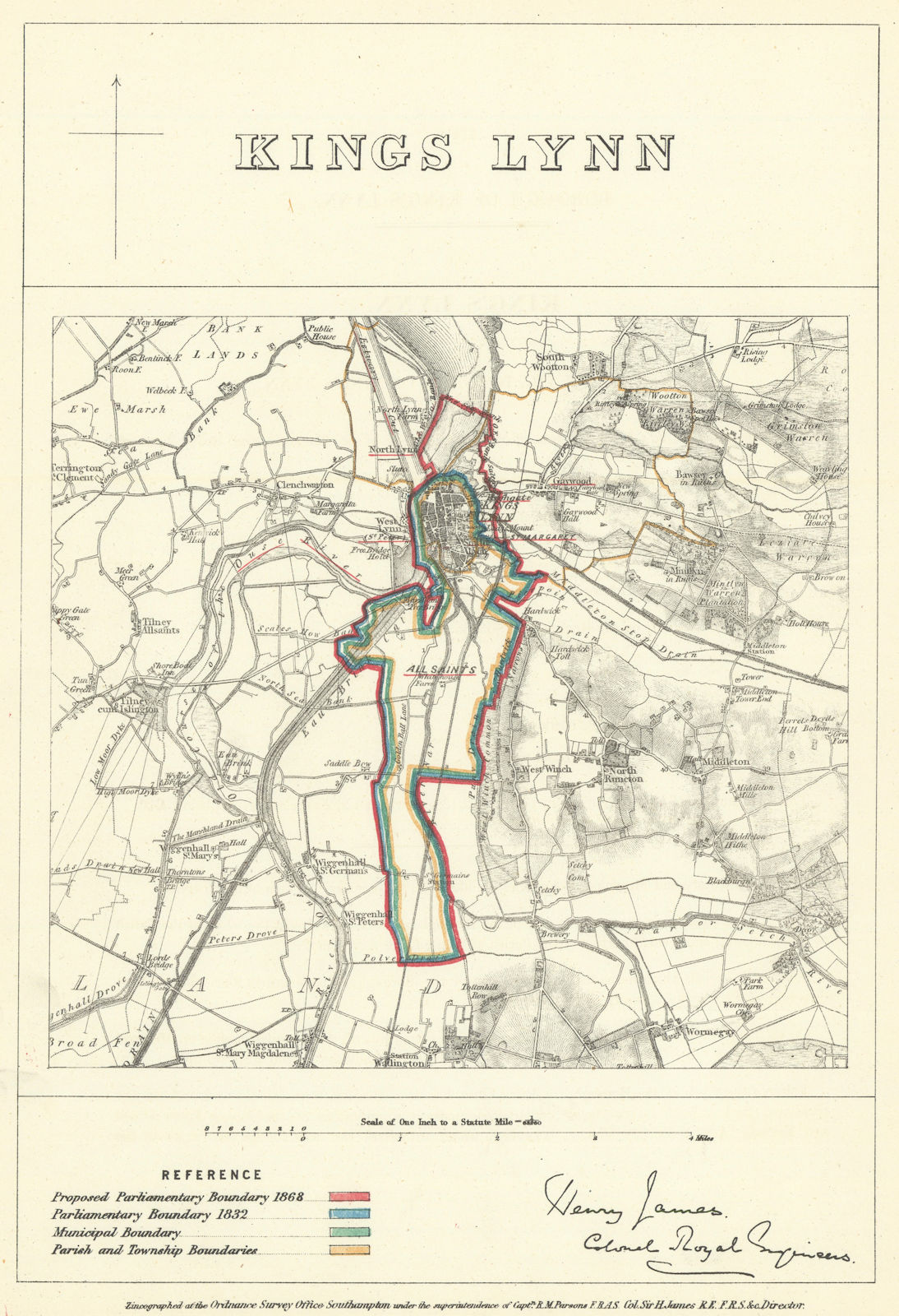 King's Lynn, Norfolk. JAMES. Parliamentary Boundary Commission 1868 old map