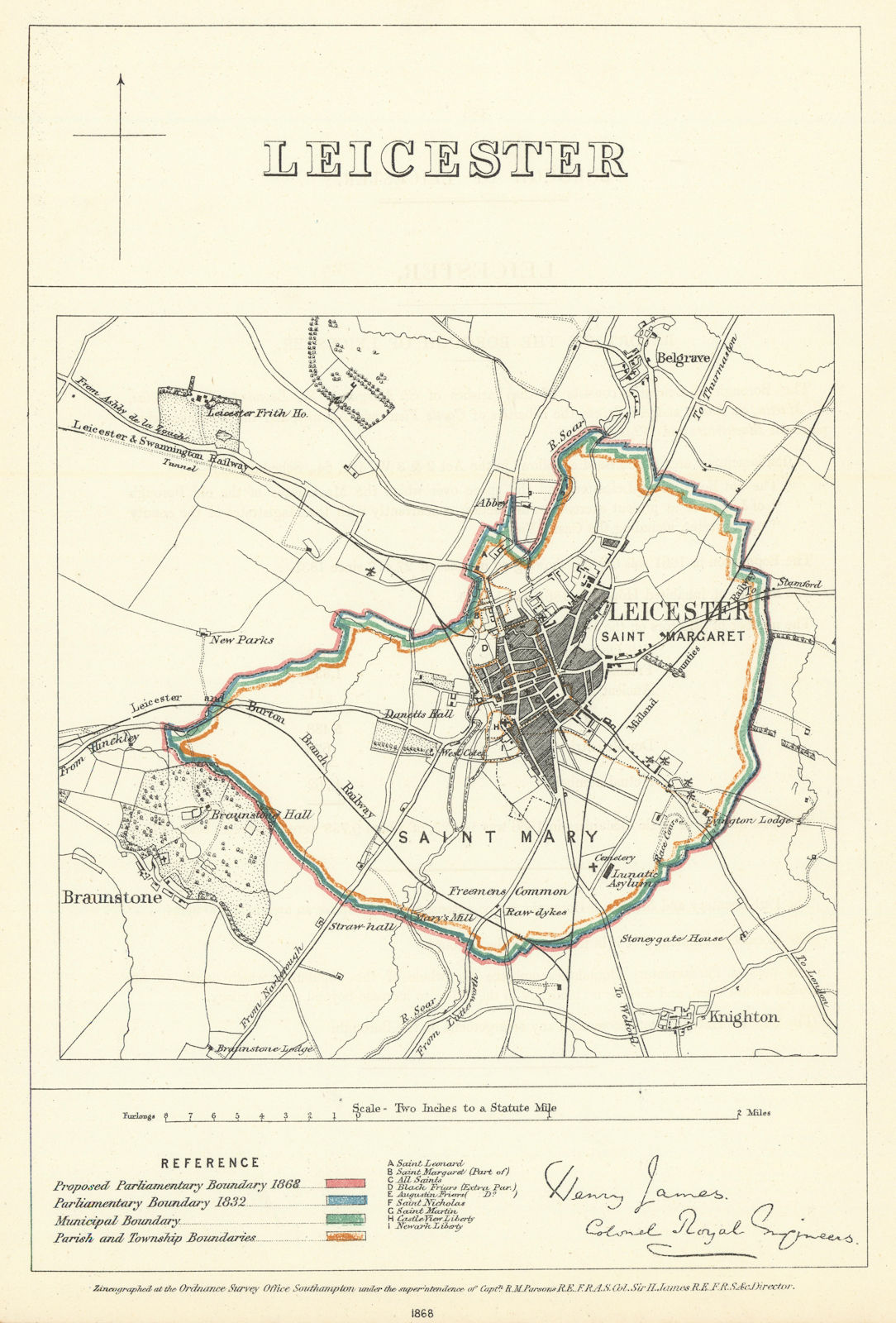 Leicester, Leicestershire. JAMES. Parliamentary Boundary Commission 1868 map