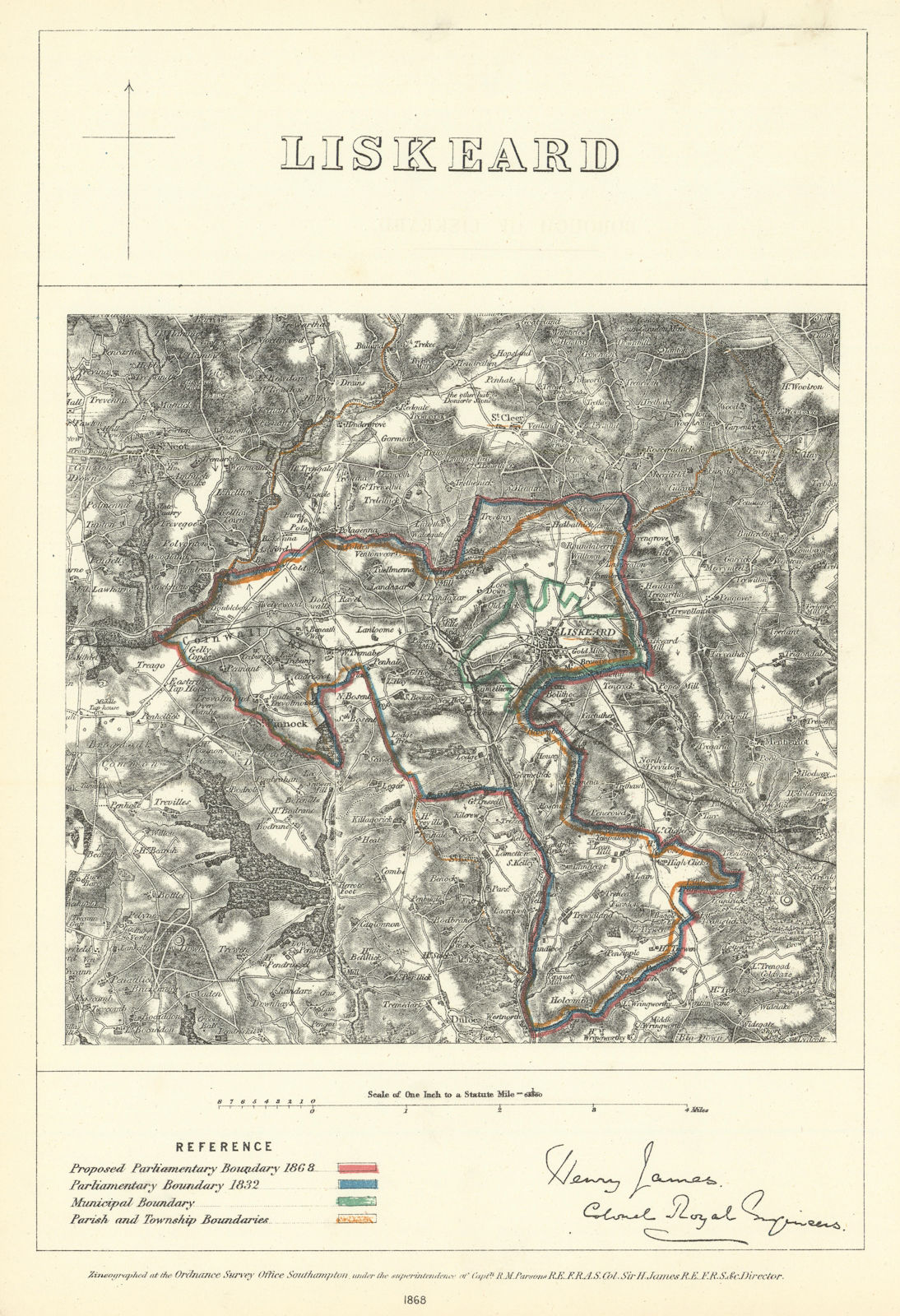 Liskeard, Cornwall. JAMES. Parliamentary Boundary Commission 1868 old map
