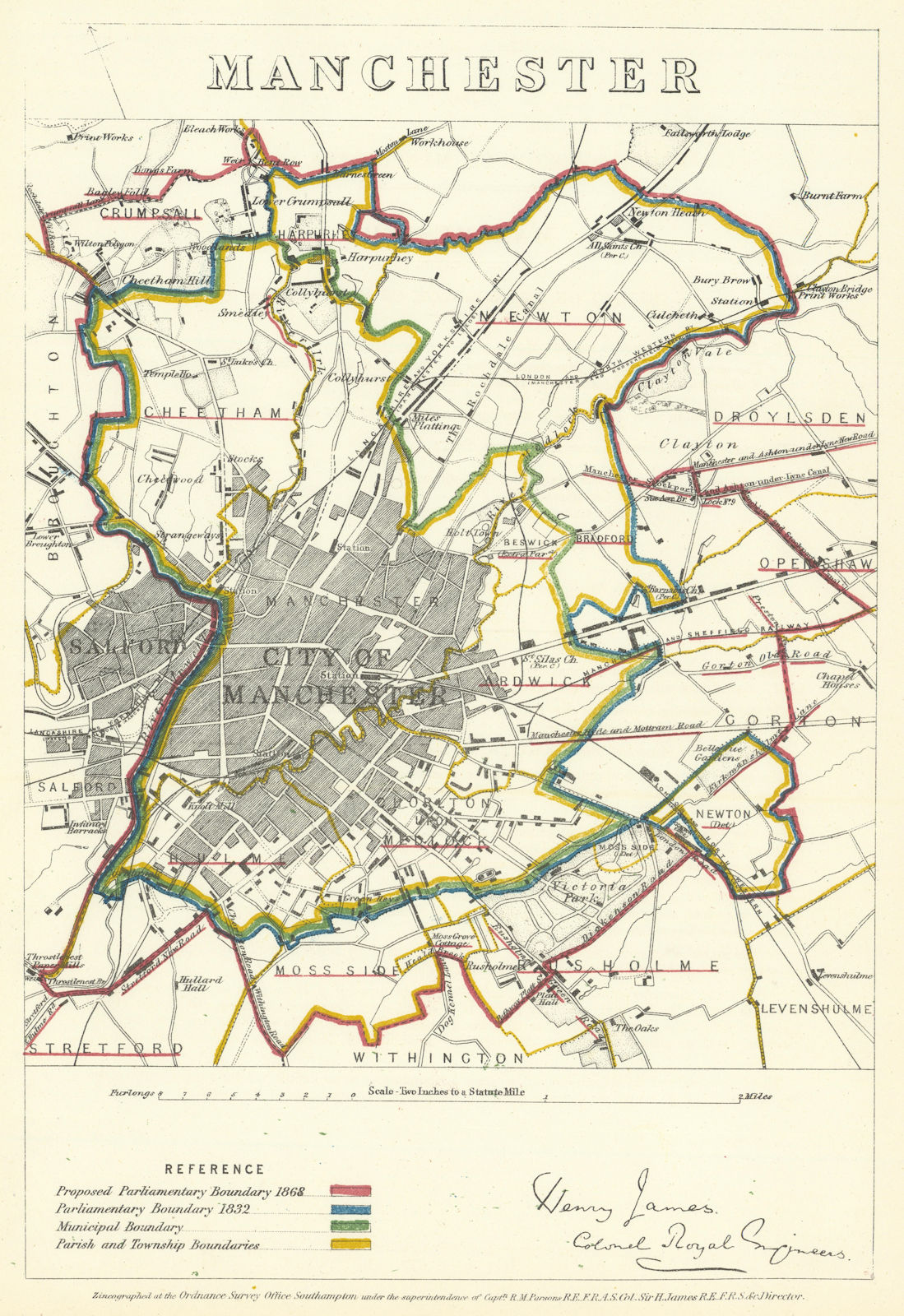 Associate Product Manchester, Lancashire. JAMES. Parliamentary Boundary Commission 1868 old map