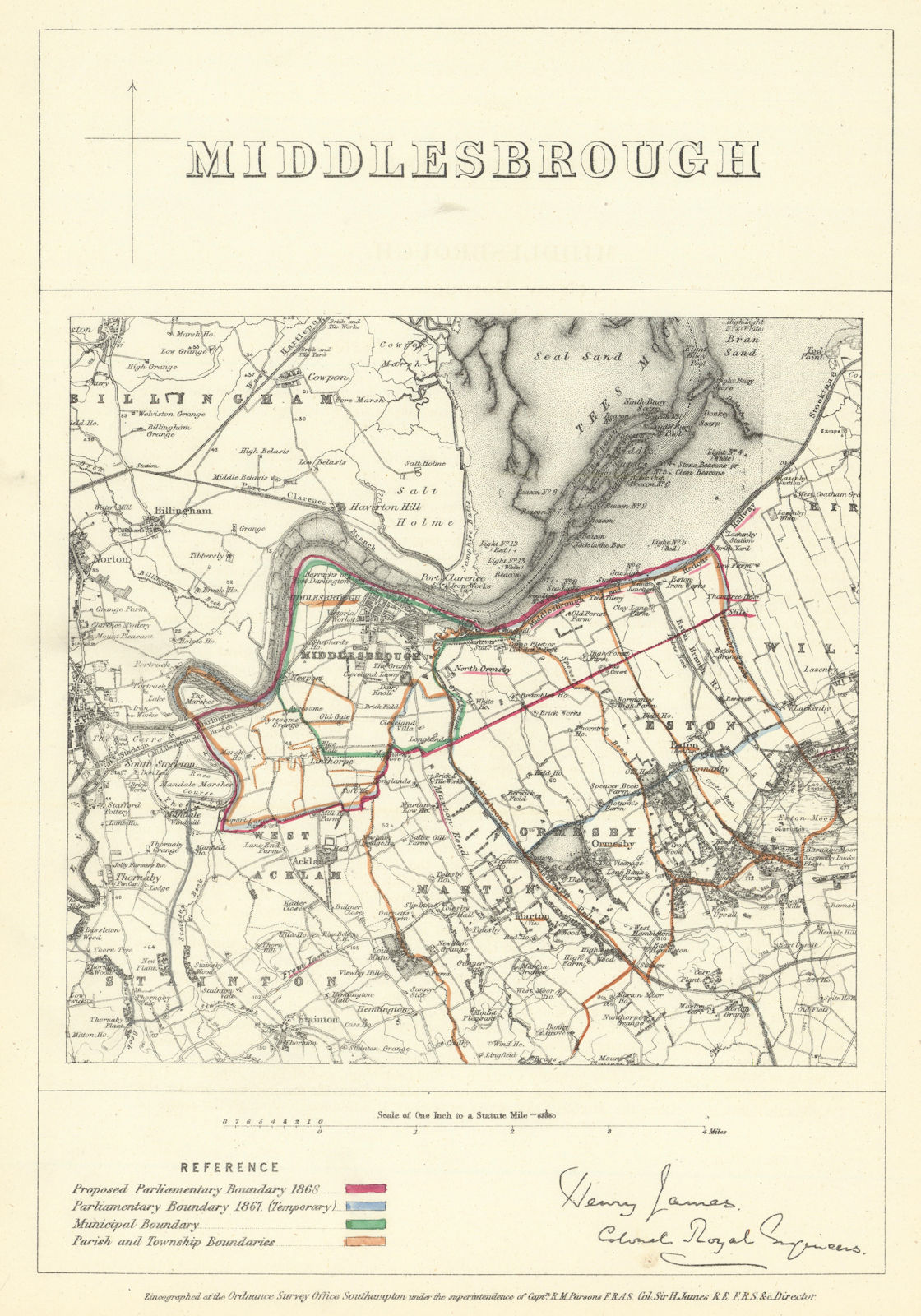 Middlesbrough, Yorkshire. JAMES. Parliamentary Boundary Commission 1868 map