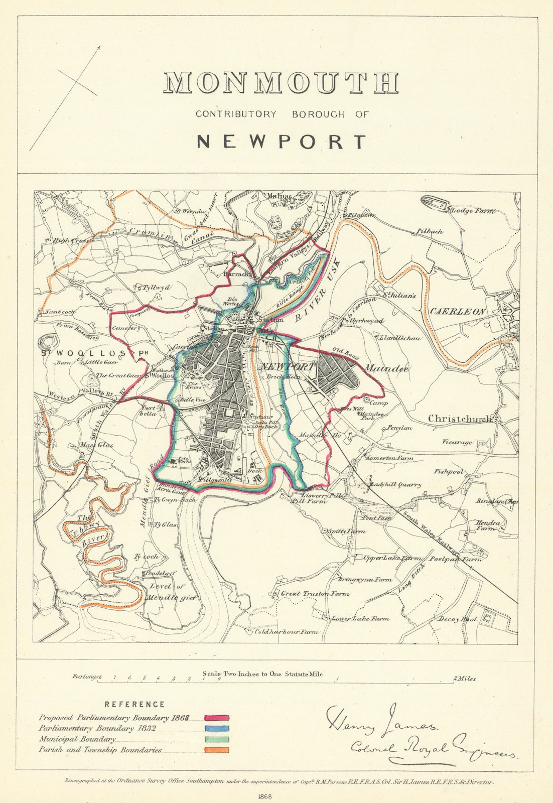 Monmouth Contributory Borough of Newport. JAMES. Boundary Commission 1868 map