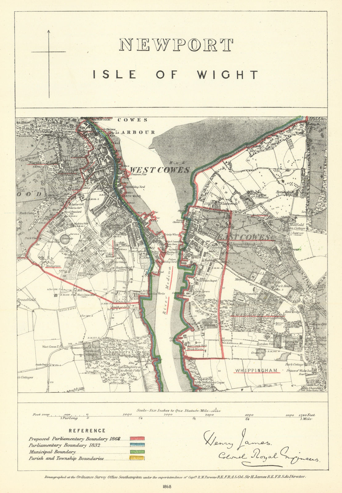 Cowes/Newport, Isle of Wight. JAMES. Parliamentary Boundary Commission 1868 map