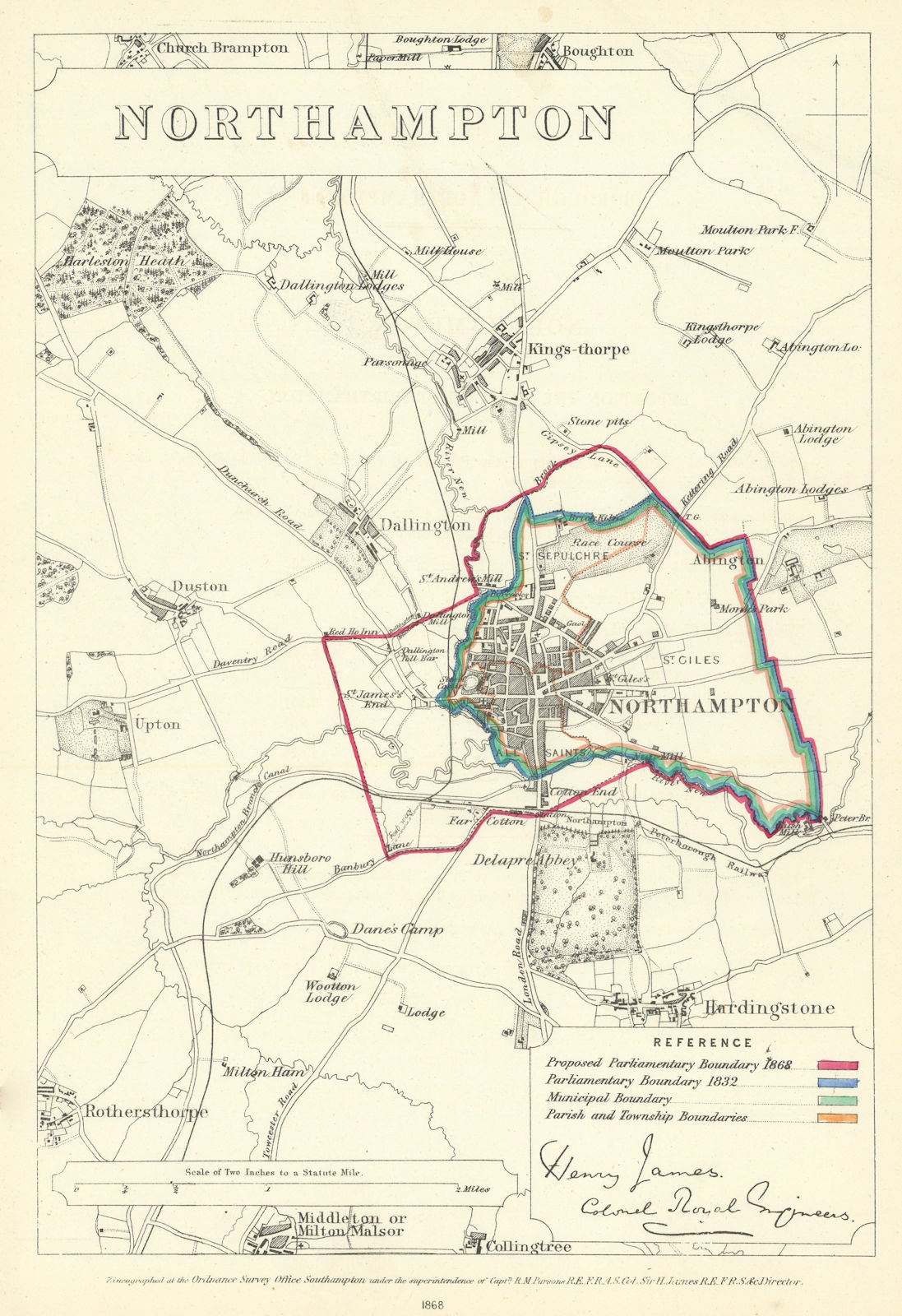 Northampton, Northamptonshire. JAMES. Parliamentary Boundary Commission 1868 map