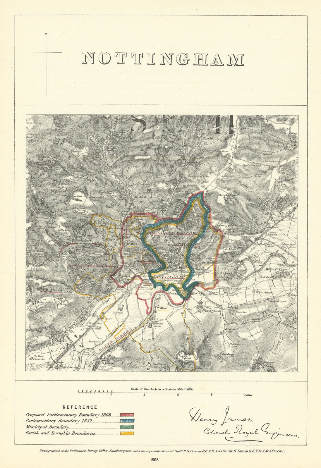 Nottingham, Nottinghamshire. JAMES. Parliamentary Boundary Commission 1868 map