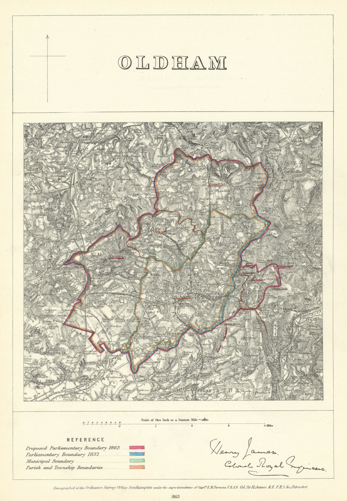 Oldham, Lancashire. JAMES. Parliamentary Boundary Commission 1868 map