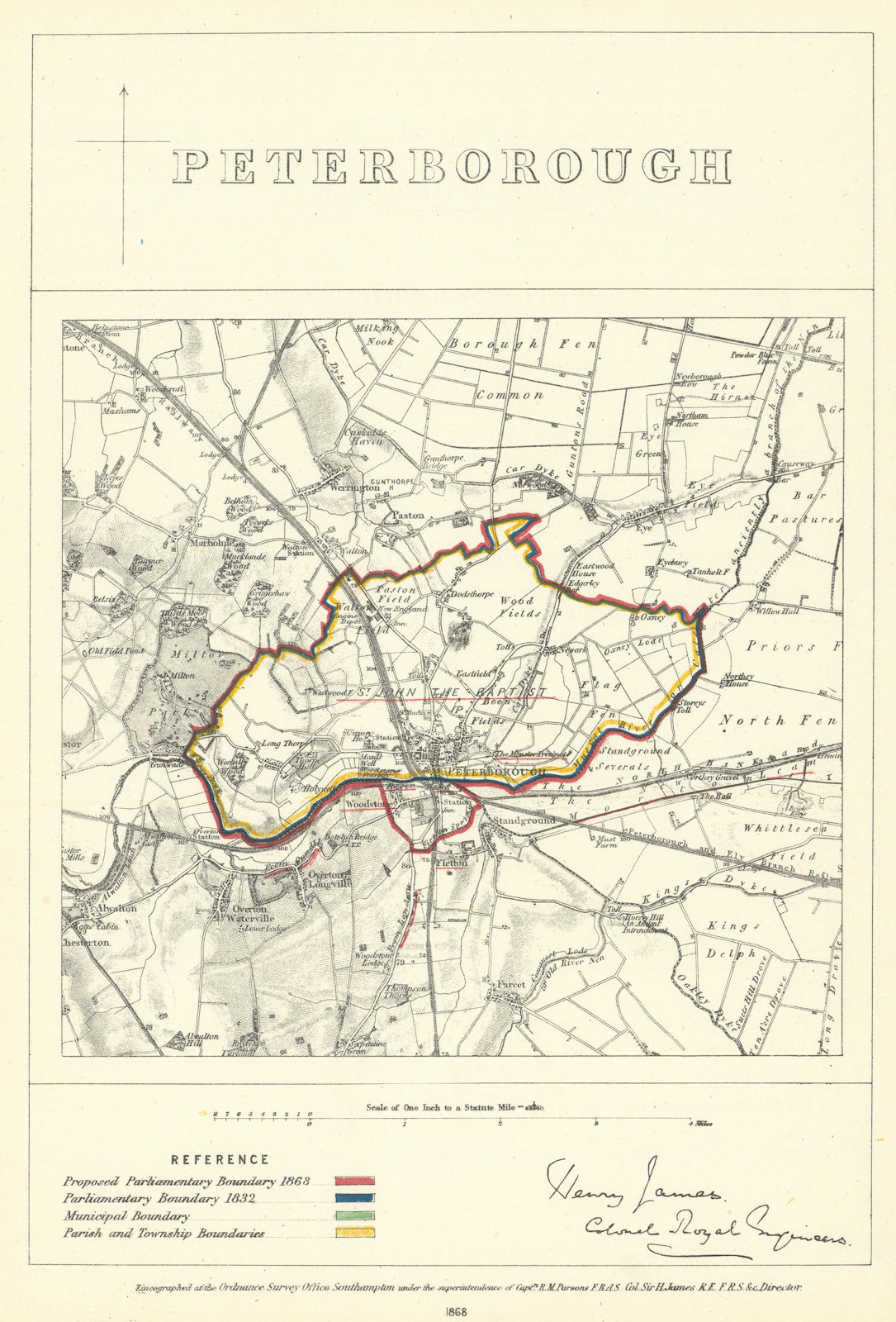 Peterborough, Northants. JAMES. Parliamentary Boundary Commission 1868 old map