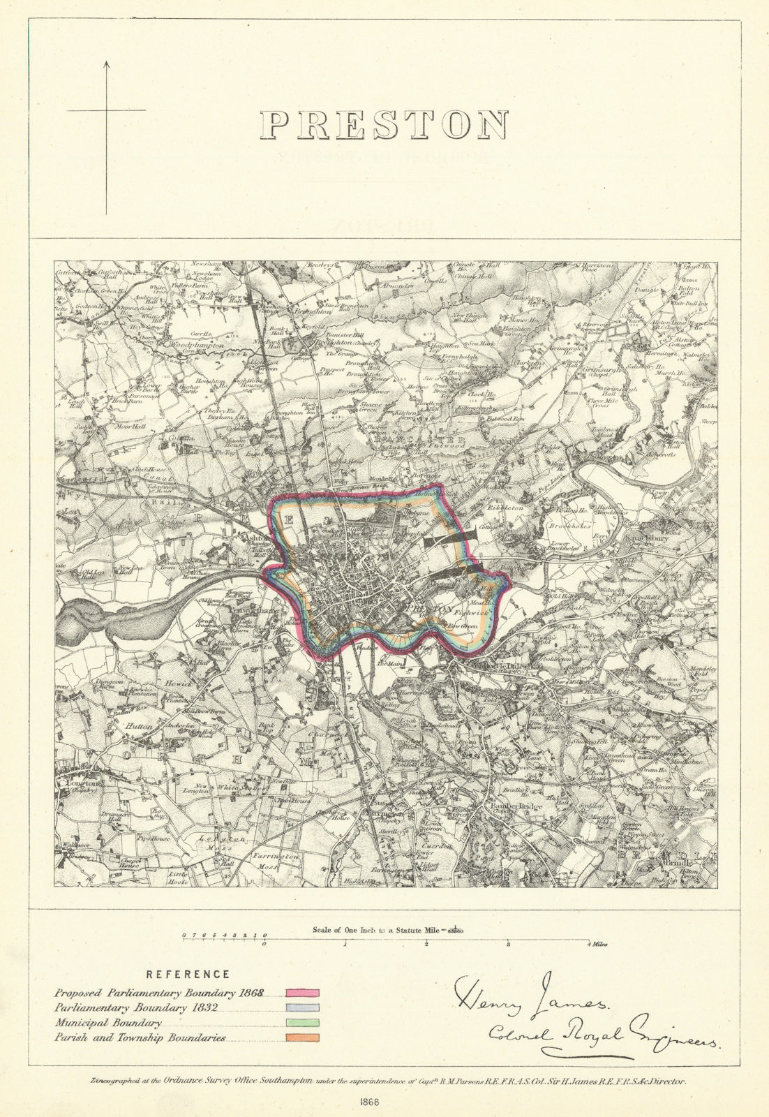 Preston, Lancashire. JAMES. Parliamentary Boundary Commission 1868 old map