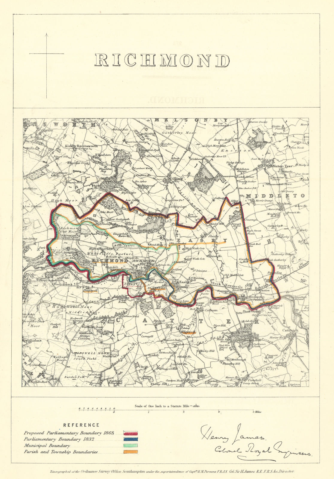 Richmond, Yorkshire. JAMES. Parliamentary Boundary Commission 1868 old map