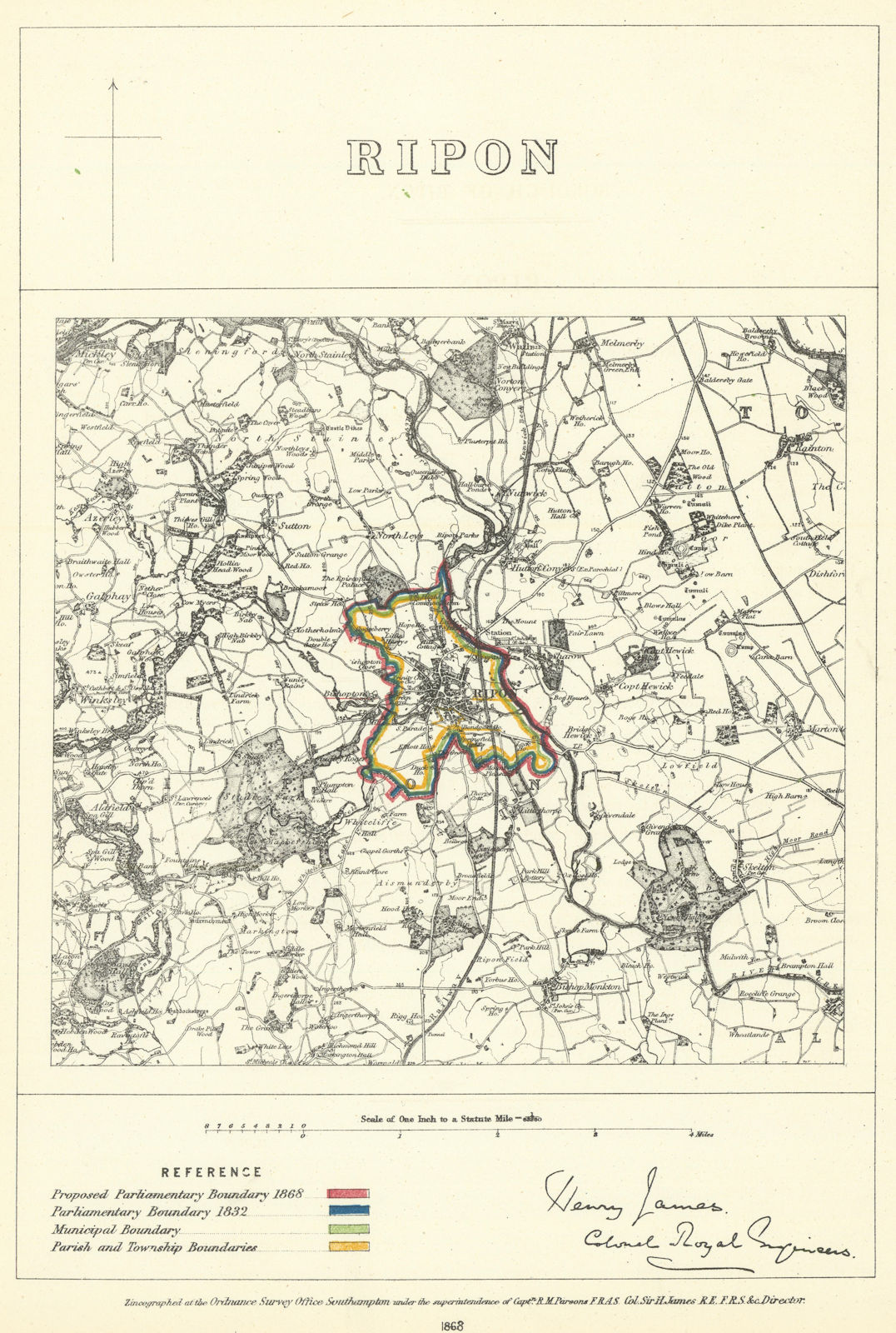 Associate Product Ripon, Yorkshire. JAMES. Parliamentary Boundary Commission 1868 old map