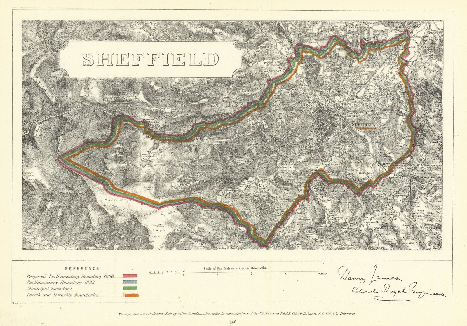 Sheffield, Yorkshire. JAMES. Parliamentary Boundary Commission 1868 old map